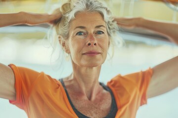 Obraz premium Confident senior woman tying her hair after exercising outdoors