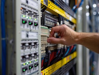Hand Adjusting Electrical Switch in Panel. Close-up of a hand adjusting an electrical switch inside a panel, showcasing precision and technical expertise.