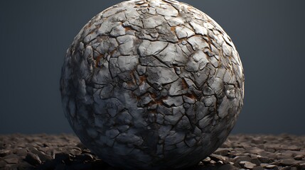 Cracked ice sphere on a bed of pebbles. The sphere is illuminated by a single light source, which creates a dramatic effect.