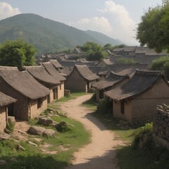 a small, rural village nestled within a valley surrounded by lush green mountains. The village appears to be composed of numerous traditional-style houses with thatched roofs.