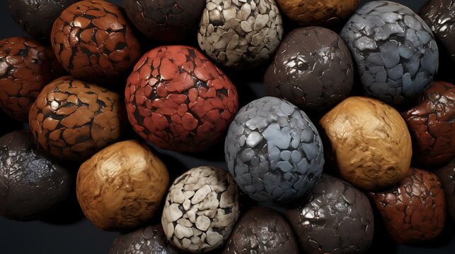A variety of realistic 3D rendered spheres with different textures including cracked, bumpy, smooth, and rough in a variety of colors including red, o