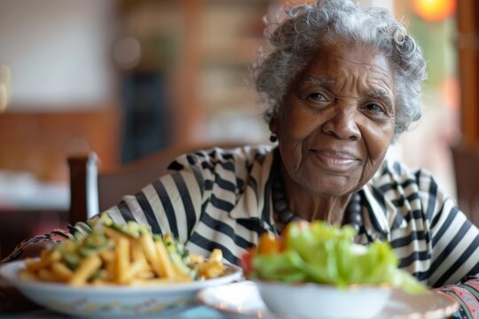 Senior woman smiling sitting at restaurant table with healthy food