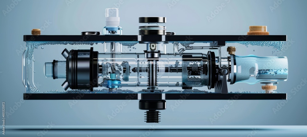 Poster cross-section of portable water filter demonstrating filtration layers and mechanisms for informativ