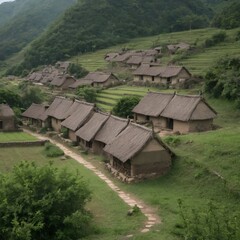 a small, rural village nestled within a valley surrounded by lush green mountains. The village appears to be composed of numerous traditional-style houses with thatched roofs.