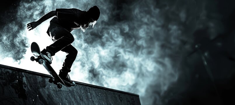 Dramatic High-Contrast Skateboard Trick on Vert Ramp with Atmospheric Lighting