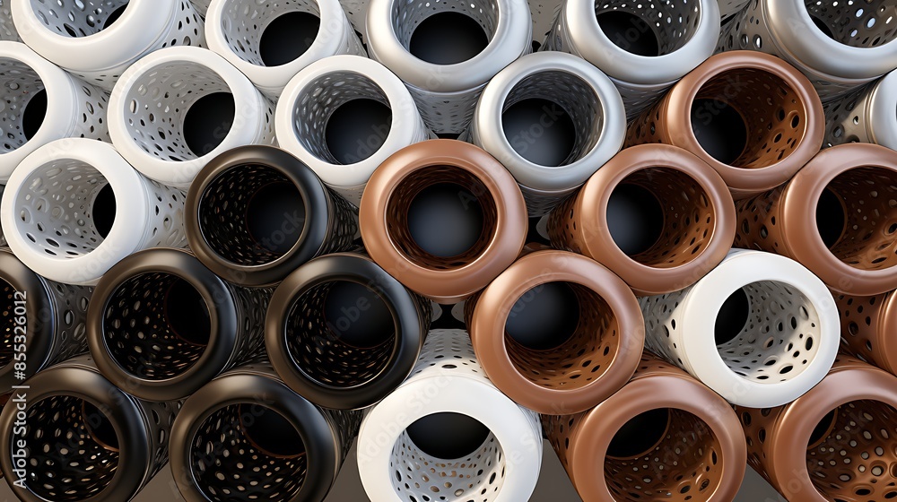 Aufkleber 3d rendering of a stack of randomly arranged cylinders with holes on their surface. the colors of th