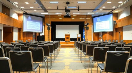 A conference room with a stage, podium, and two large projector screens, set up with rows of chairs facing the stage. The room is bright and ready for a presentation or meeting.