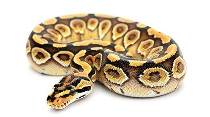 Fototapeta premium Butter Fire Ball Python A creamy Butter Fire Ball Python with bright patterns, posed on a plain white background for World Snake Day