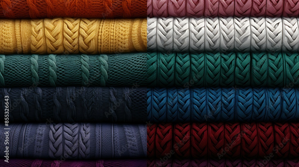 Poster A beautiful display of various colorful knitted fabric. The image shows a variety of colors and textures, from bright and bold to soft and muted.