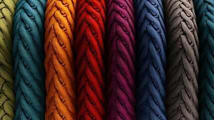 Obraz premium Colorful 3D rendering of a cable knit fabric. The image shows a variety of colors, including green, blue, orange, red, purple, and gray.