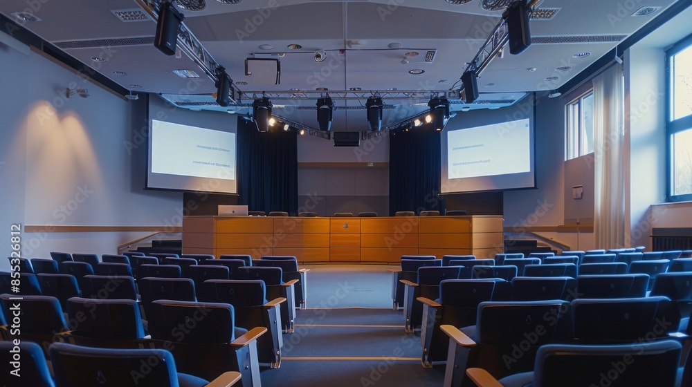Poster an empty auditorium with two projection screens, a stage, and rows of blue seats. the room appears t