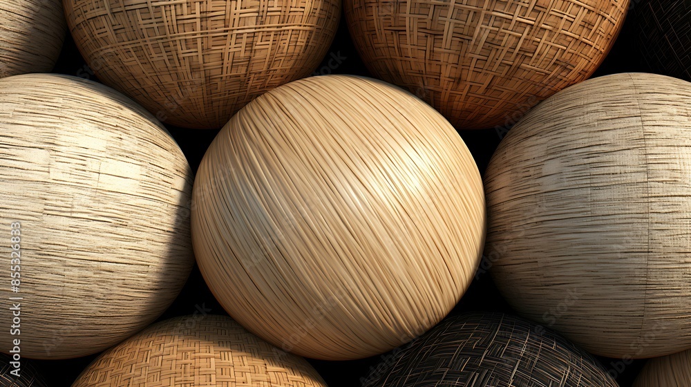 Poster 3d rendering of a group of spheres with different wood textures.