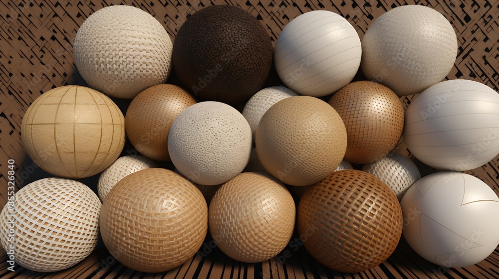 Poster 3d rendering of a variety of balls with different materials and textures on a wooden background.