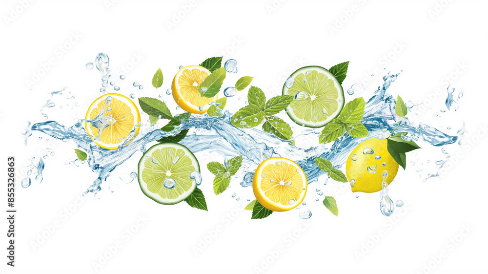 Poster A water wave with a bunch of lemons and limes floating in it isolated on white transparent background