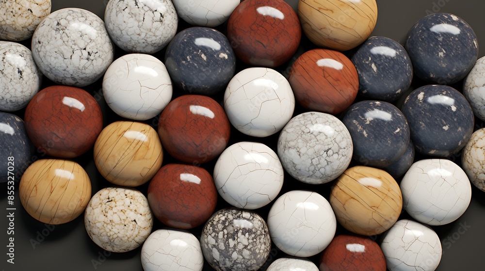Poster 3d rendering of a bunch of randomly scattered marble balls with different colors and patterns on a d