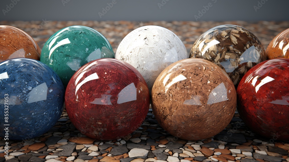 Poster 3d rendering of a set of different colored glass balls laying on a bed of small pebbles.