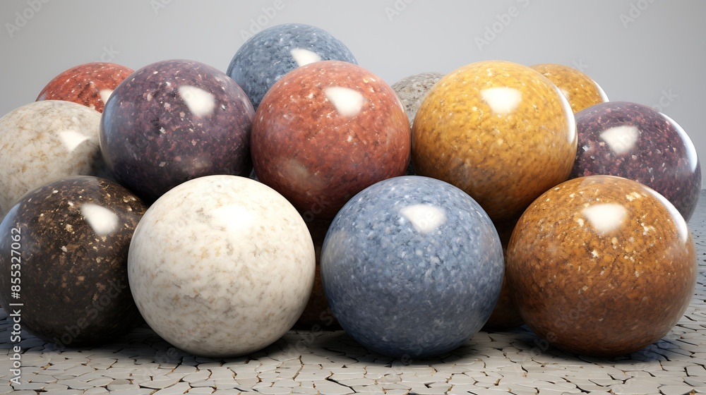 Poster a group of 3d rendered spheres with various marble textures on a cobblestone surface.