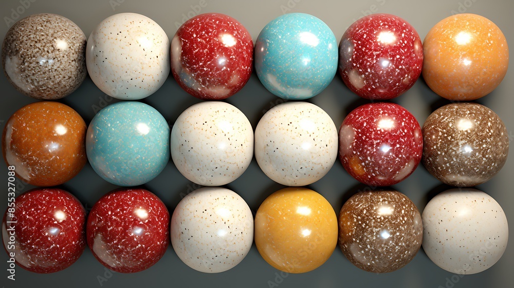Poster colorful set of 15 spheres with different patterns. the spheres are arranged in 3 rows and 5 columns