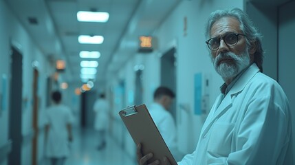 Doctor with Clipboard: A doctor holding a clipboard with medical documents, standing in a hallway of a busy hospital.