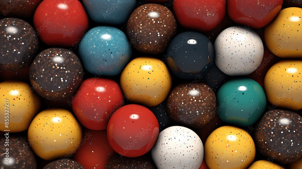 Poster a variety of colorful balls with different textures are arranged in a close-up view. the balls are r