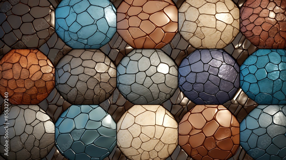 Aufkleber 3d rendering of a stone wall with circular patterns. the stones are of various colors and have a rou
