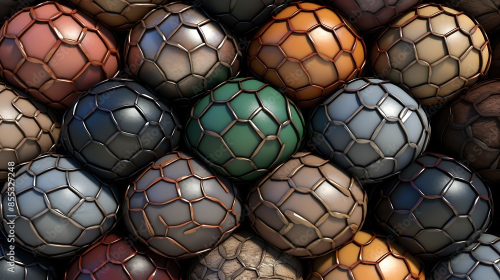 Poster 3d rendering of a pile of various colored balls with a net-like texture.