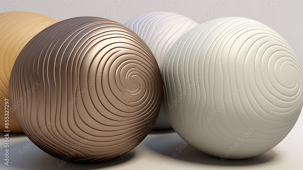 Poster 3d rendering of a group of spheres with different colors and textures.