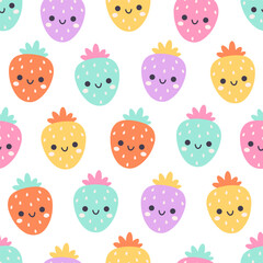 Seamless pattern with cute cartoon strawberry characters. Fruit seamless pattern. Vector illustration in flat style