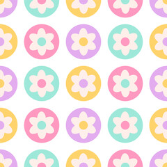 Seamless pattern with abstract retro aesthetic daisy flowers. Vintage floral art prints. Hippie 60s, 70s, 80s style. Vector illustration in flat style