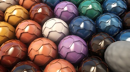 3D rendering of a variety of balls with different colors and textures. The balls are arranged in a random pattern and the background is white.