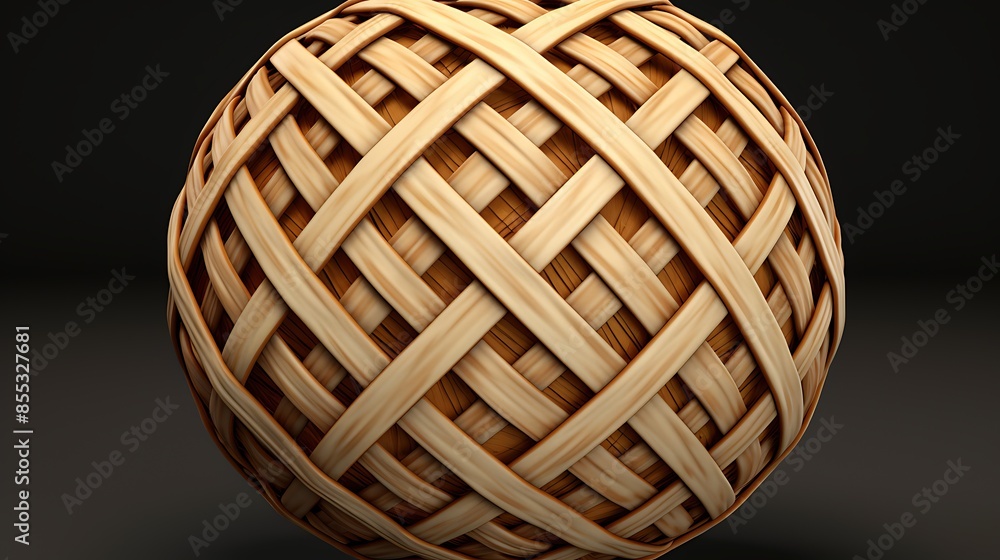 Poster this is a 3d rendering of a sphere made of woven wicker. the sphere is lit from the left and has a s