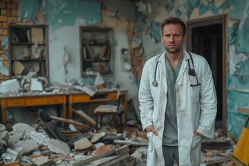 An uneasy male doctor in a damaged building with a stethoscope, showing concern