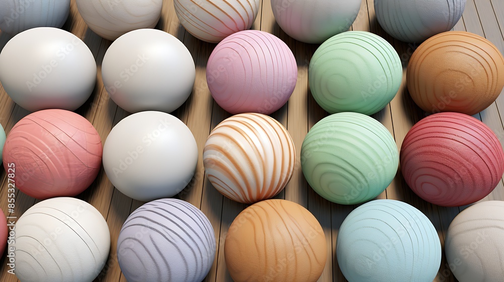Poster 3d rendering of a variety of wooden spheres with different wood grain patterns arranged on a wooden 