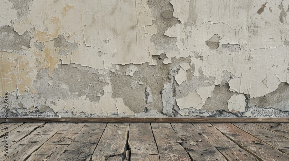 Aufkleber damaged plaster and wooden floor mock up with rustic planks for product display and text space
