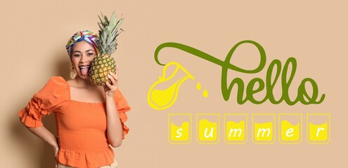 Beautiful African-American woman with fresh pineapple on beige background. Hello, summer