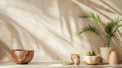 Minimalist Decor with Wooden Bowls and Plants
