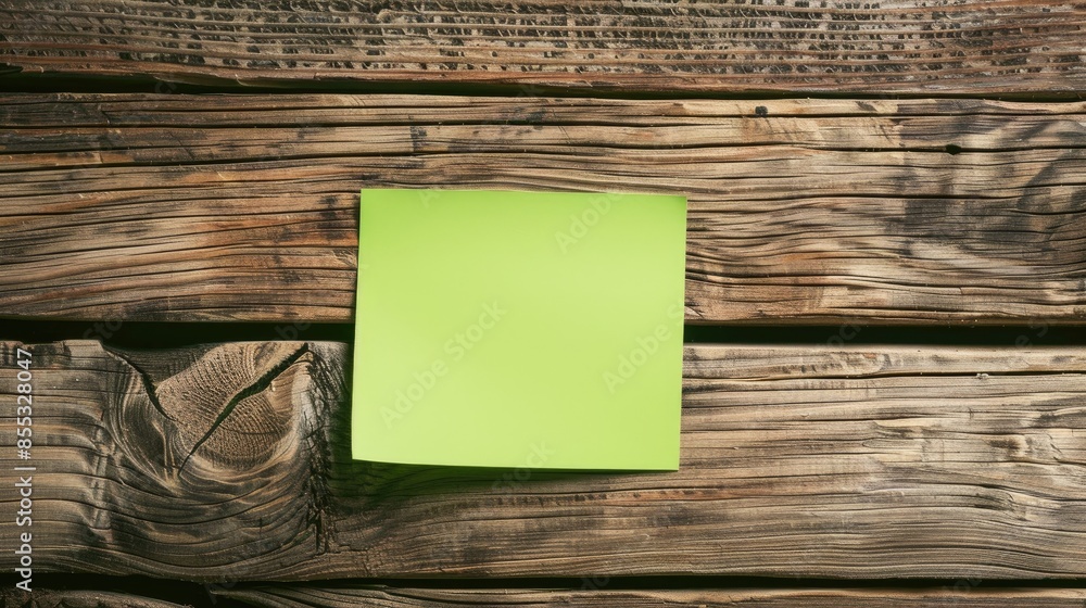 Poster top down view of an empty green sticky note on a wooden surface featuring space for notes and messag