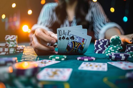 Woman holding a winning hand in a poker game. The scene is set in a lively casino. Perfect for illustrating success and excitement in gambling. Generative AI