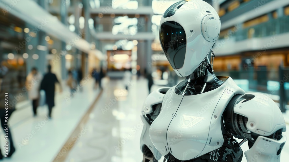 Poster futuristic ai robot in high-tech environment seamlessly interacting with humans