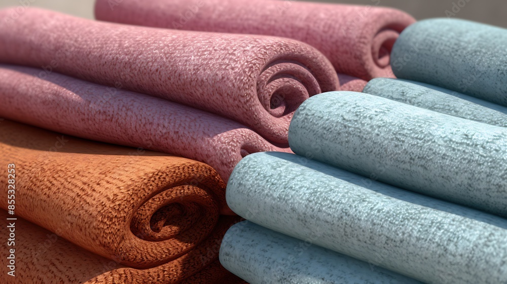 Poster soft and fluffy rolls of colorful fabric. the rolls are neatly stacked and ready to be used. the col