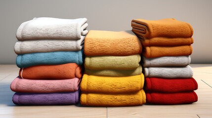A stack of neatly folded blankets in various colors, sitting on a wooden floor against a neutral background.