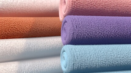Soft and fluffy bath towels are displayed in a variety of colors. The towels are rolled up and stacked on top of each other.