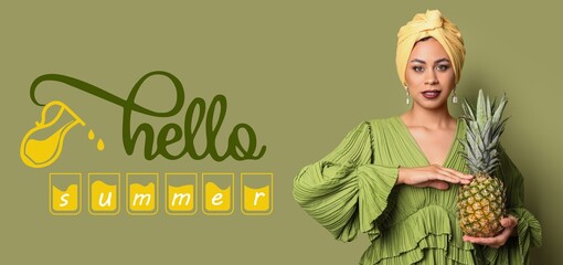 Beautiful African-American woman with fresh pineapple on green background. Hello, summer