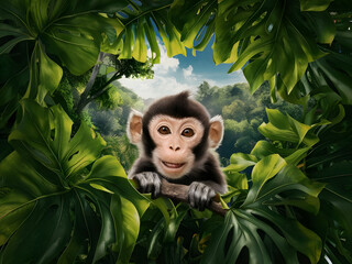 Pequeño chimpancé amistoso en la selva