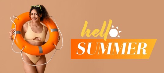 Beautiful young African-American woman in swimsuit and with lifebuoy on beige background. Hello, summer