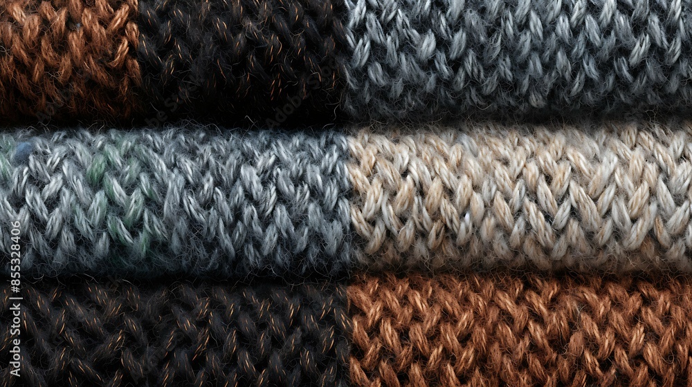 Poster a close-up of a stack of folded knitted sweaters in various neutral colors. the sweaters are made of