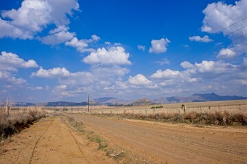 Rural farm road and scenery near Clarens in the Freestate Province of South Africa