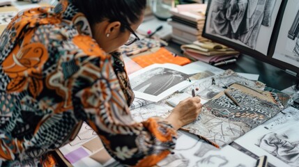 High Fashion Designer Creating New Collection with Luxurious Fabrics and Detailed Sketches