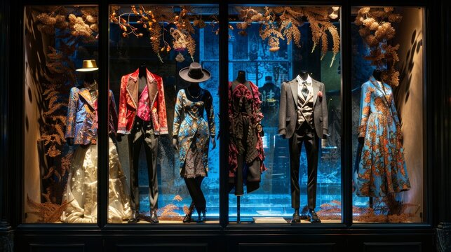 High-End Fashion Store Window Display with Trendy Designer Outfits and Chic Accessories