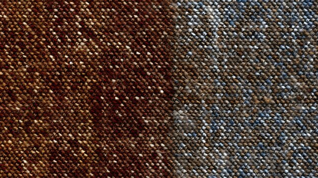Abstract image of a brown and blue tweed fabric. The fabric is made of a wool blend and has a herringbone pattern.